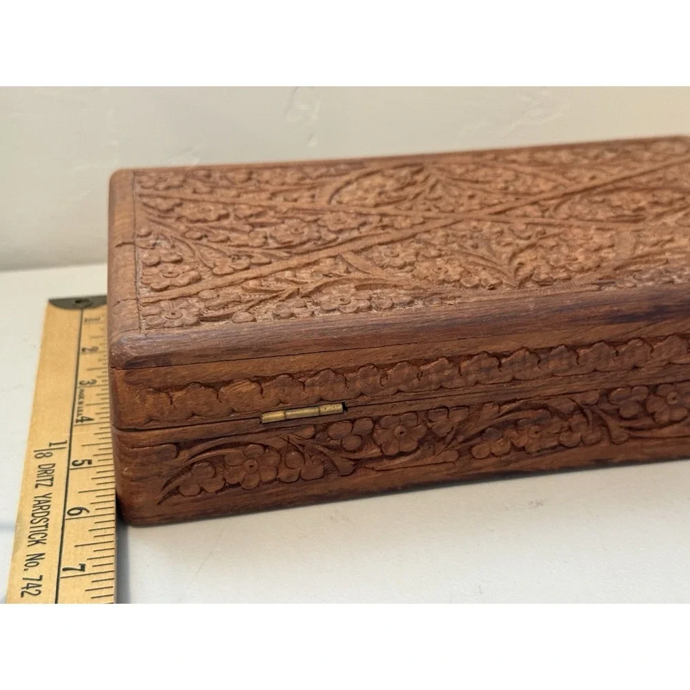 Vintage India Hand Carved‎ Handmade Wood Box Jewelry Trinket Floral Flowers Blue